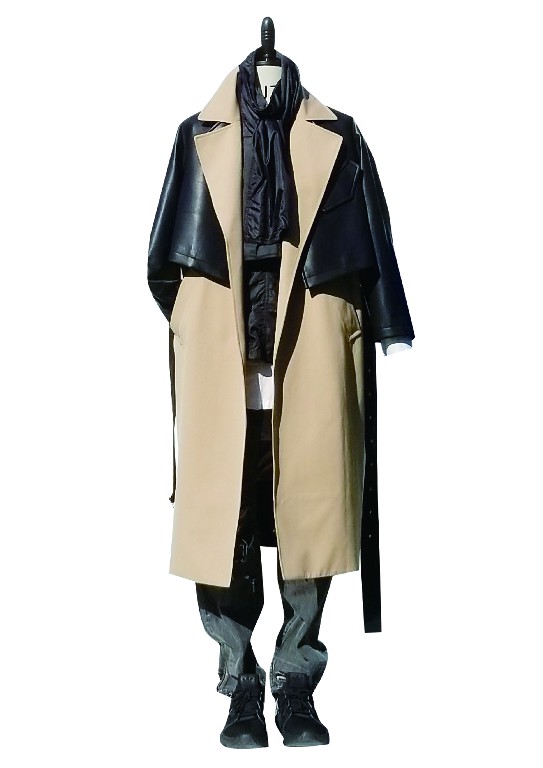 Men's long coat constract black PU