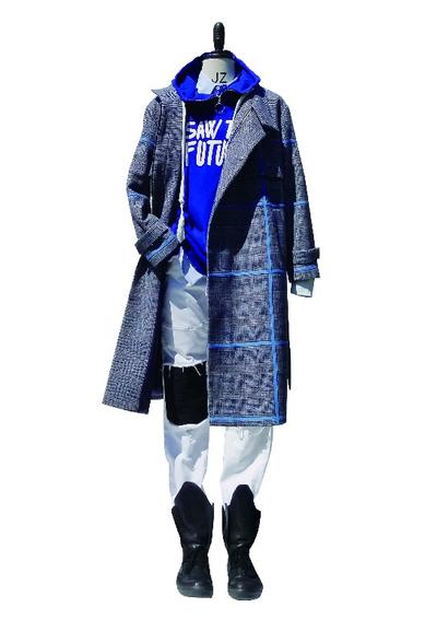 High Neck Wool Coat With Blue Tape