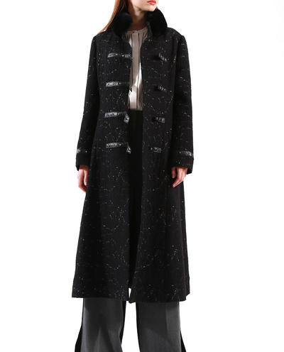 Ladies Black Winter Coat Faux Fur Collar Leather Buckles Jacquard Duffle Coat